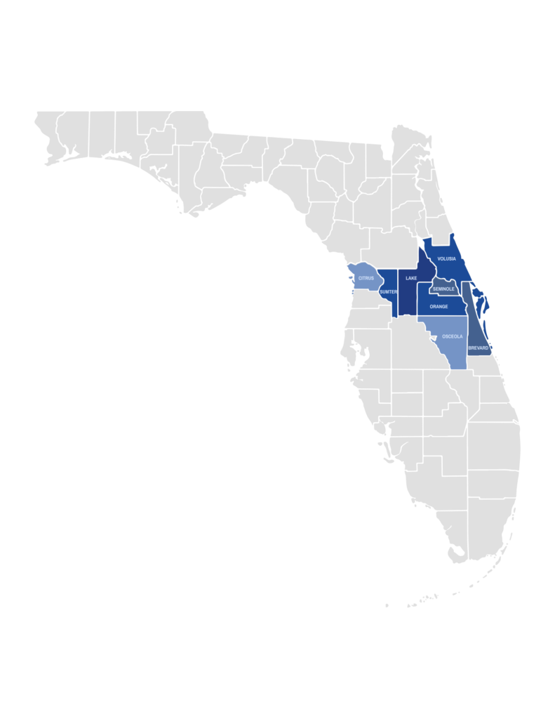 Map illustrating Nelson & Company's Commercial AC service areas in Central Florida.