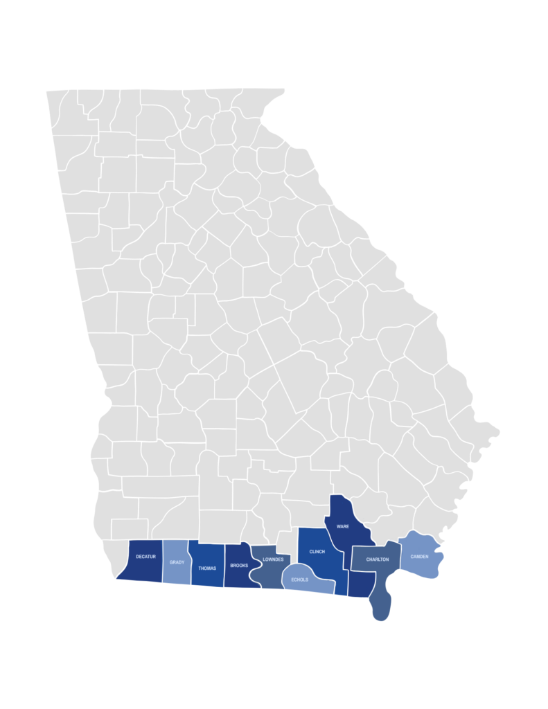 Map highlighting Nelson & Company's Commercial AC service coverage in South Georgia.